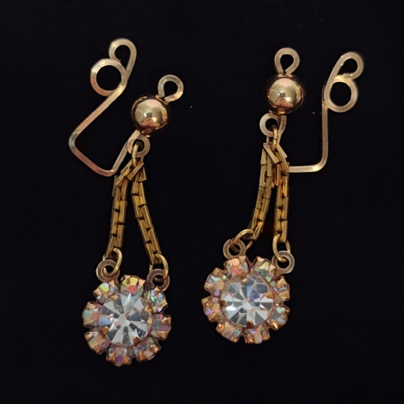 Vintage AB Aurora Borealis Gold tone Slide on Halo Chandelier Drop Earrings - Picture 3 of 7